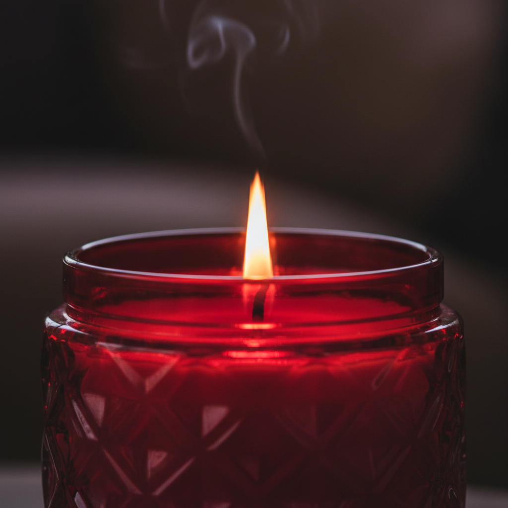 Close up of red glass scented candle with lit flame