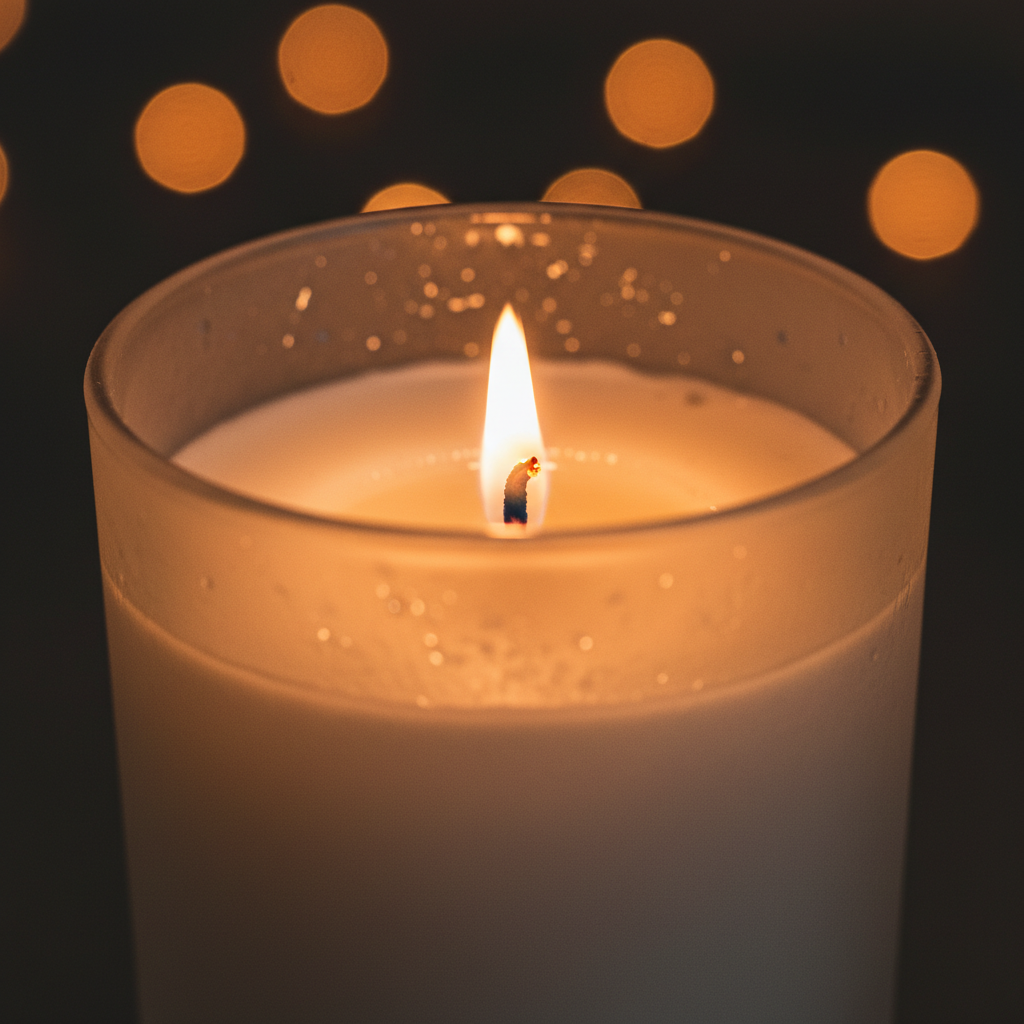 Close up of frosted white glass candle flame detail