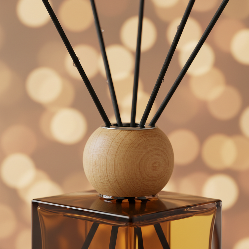 Close up of wooden ball diffuser stopper and black reeds